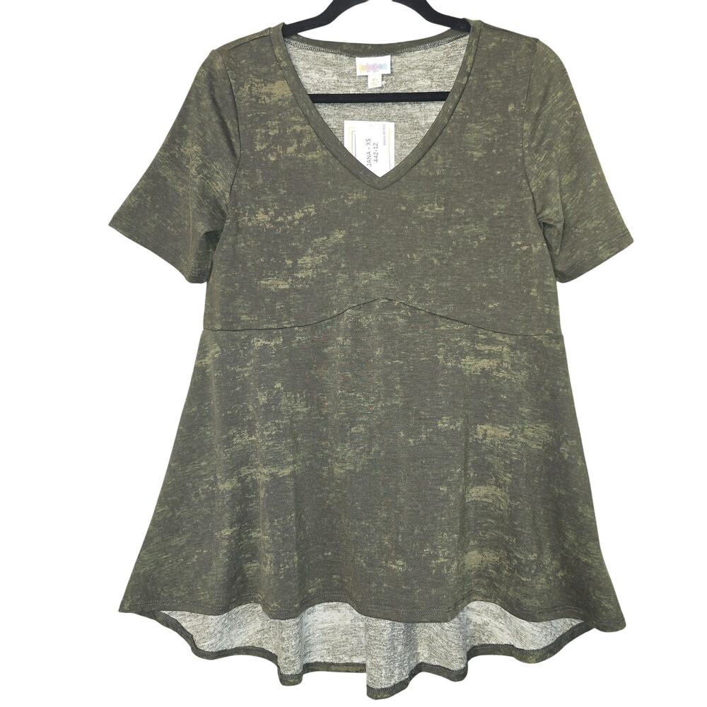 LuLaRoe Jana Tunic Top Womens XS Olive Green Short Sleeve Stretch Hi Low Hem NEW